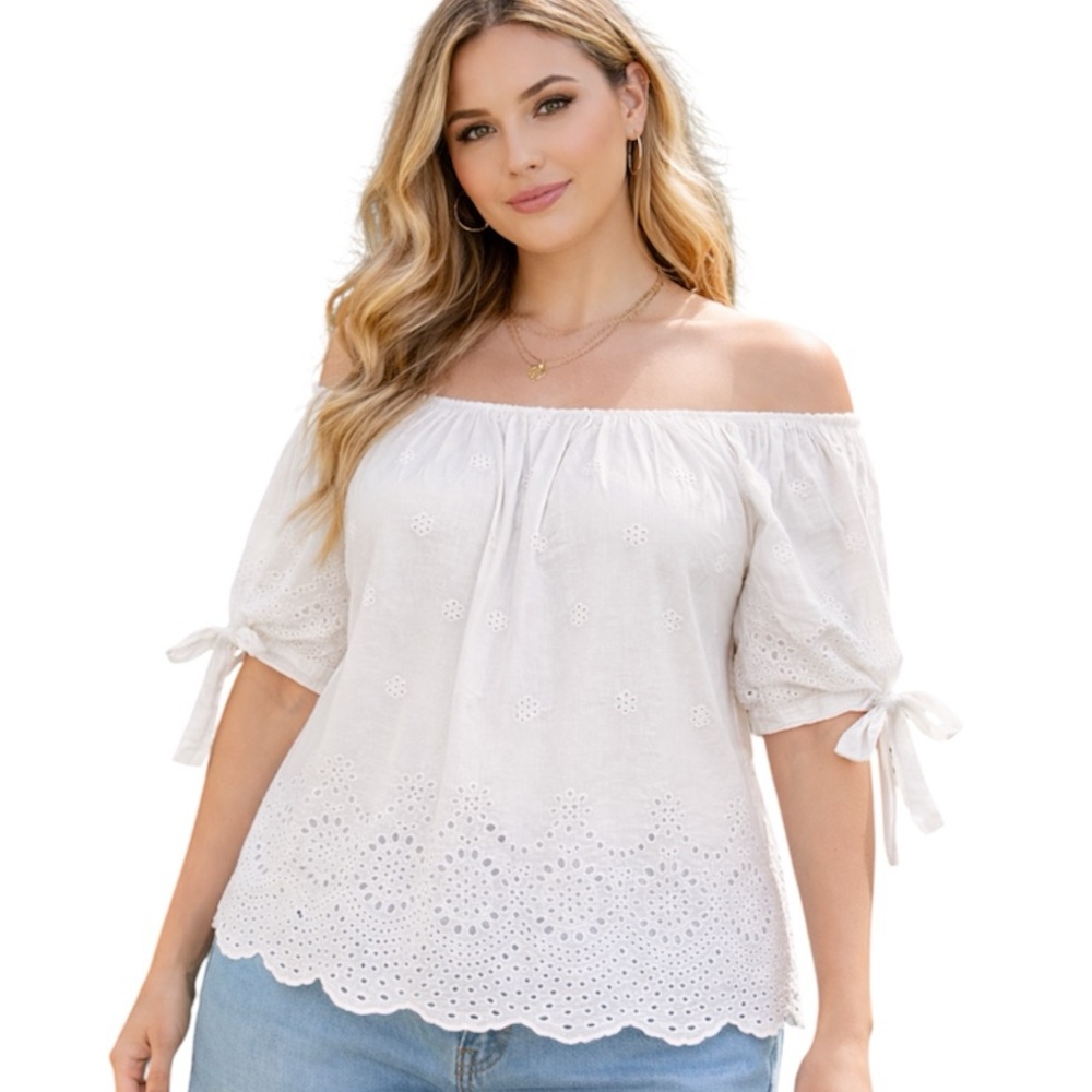 Valentina Naldi White Eyelet Off-Shoulder Cotton Blouse